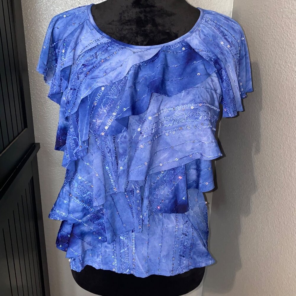 Simplicity By Azul Blouse Women's Small Blue Ruffles Sequins Y2K Glam Fairycore
